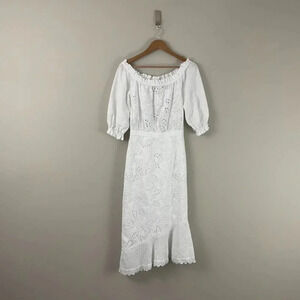 Saloni Grace White Eyelet Cotton Off The Shoulder Midi Dress Size 4